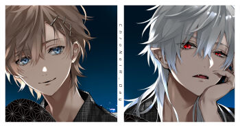 2boys akke_(akke299) black_kimono black_nails blue_background blue_eyes brown_hair closed_mouth ear_piercing earrings english_text fangs fingernails grey_hair hair_between_eyes hair_ornament hairclip hand_fan hand_on_own_chest hand_up head_rest highres holding holding_fan japanese_clothes jewelry kanae_(nijisanji) kimono kuzuha_(nijisanji) long_hair looking_at_viewer male_focus medium_hair mole mole_under_eye multiple_boys nijisanji open_mouth paper_fan parted_lips piercing pointy_ears portrait red_eyes red_hair sharp_fingernails smile split_screen teeth uchiwa vampire virtual_youtuber white_hair yukata