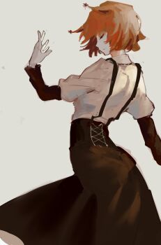 1girl black_skirt chinese_commentary closed_eyes closed_mouth commentary_request corset grey_background hand_up highres layered_sleeves long_sleeves orange_hair original shirt short_hair short_over_long_sleeves short_sleeves simple_background skirt solo suspender_skirt suspenders vihua6 white_shirt