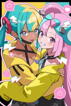 2girls canari_(pokemon) dark-skinned_female dark_skin highres hug iono_(pokemon) multicolored_hair multiple_girls nintendo odorukaminoke pokemon pokemon_legends:_z-a pokemon_sv twintails two-tone_hair