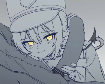 1boy 1girl animated armband blank_censor blue_archive blush censored demon_tail edging fang femdom greyscale handjob hat loli lolidom looking_at_viewer mesugaki monochrome nozomi_(blue_archive) orgasm_denial peaked_cap penis skin_fang smug tagme tail tail_wrap train_conductor twintails video xandier59 yellow_eyes