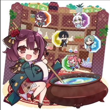 2boys 4girls :d alchemy alette_claretie atelier_(series) atelier_sophie atelier_sophie_2 black_hair blue_coat blush brown_eyes cauldron chibi chibi_only coat collared_coat diebold_lewerenz everyone flask flower gameplay_mechanics green_hair grey_hair hair_flower hair_ornament highres holding indoors karasumi_(aiseec) liquid long_coat long_sleeves looking_at_viewer multiple_boys multiple_girls olias_enders open_mouth pink_hair plachta ramizel_erlenmeyer red_hair red_skirt round-bottom_flask shelf short_hair sitting skirt smile solo_focus sophie_neuenmuller