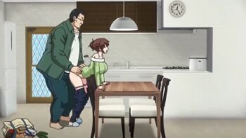 1boy 1girl animated animated_gif ass bag barefoot black_hair blush bouncing_breasts bra breasts brown_hair censored chair clock closed_eyes clothes_pull deep_penetration denim doggystyle fat fat_man feet forced from_side glasses groceries grocery_bag hair_bun hetero highres indoors inseki jitaku_keibiin katsuragi_shouko kitchen large_breasts mature_female moaning open_clothes panties pants pants_pull purple_panties sex sex_from_behind shopping_bag single_hair_bun slippers standing standing_sex suzuki_mirano table underwear