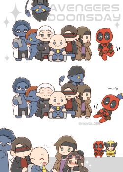 bald beard beast_(x-men) blush bodysuit brown_hair charles_xavier chibi cyclops_(x-men) deadpool deadpool_&amp;_wolverine deadpool_(series) facial_hair furry gambit gloves highres magneto marvel mask mata_36 multicolored_bodysuit muscular mystique nightcrawler red_bodysuit red_mask short_hair sunglasses superhero_costume tears two-tone_bodysuit wheelchair wolverine_(x-men) x-23 x-men yellow_bodysuit