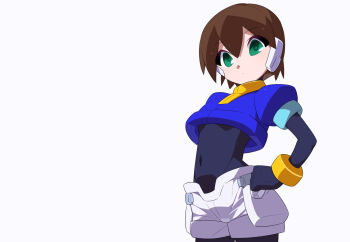 Rule 34 | 1girl, aile (mega man zx), black bodysuit, blue jacket, bodysuit, brown hair, commentary request, cropped jacket, green eyes, jacket, kaidou zx, mega man (series), mega man zx, robot ears, short hair, shorts, solo, white shorts