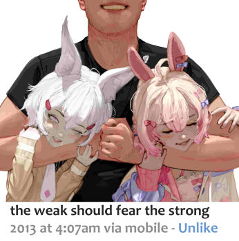 1boy 2girls absurdres animal_ears asphyxiation black_shirt bow brown_cardigan cardigan choke_hold closed_eyes diathorn drooling english_text fox_ears fox_girl gradient_hair hair_bow highres jacket meme multicolored_hair multicolored_jacket multiple_girls necktie one_eye_closed phase_connect pink_eyes pink_hair pink_necktie pipkin_pippa rabbit_ears rabbit_girl realistic rolling_eyes shirt strangling tenma_maemi the_weak_should_fear_the_strong_(meme) virtual_youtuber white_hair