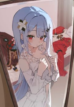 absurdres bag bed bedroom blue_hair bow bow_panties breasts buttoning buttons cardigan commentary_request detached_sleeves dress dressing flower freesia_(stella_sora) freesia_(the_gift_of_falling_snow)_(stella_sora) hair_flower hair_ornament hairclip highres korean_commentary lace long_hair looking_at_mirror mirror navel panties pillow pink_panties red_eyes reflection satchel small_breasts standing stella_sora stomach taav_0 underwear unworn_cardigan unworn_headwear very_long_hair white_dress