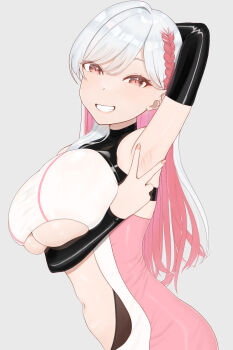 1girl armpit_focus armpits black_sleeves blush braid breasts danji_(a_jie) detached_sleeves dress grey_background grin highres jiu_wei_maao large_breasts looking_at_viewer original pencil_dress pink_hair presenting_armpit red_eyes smile solo spread_armpit stomach underboob white_hair