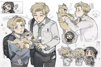 5boys ? anger_vein animal animalization backpack badeni bag bandaid bandaid_on_cheek bandaid_on_face black_bag black_hair blonde_hair blue_eyes blue_sweater blush cat chi.:_chikyuu_no_undou_ni_tsuite chibi chibi_inset closed_eyes collared_shirt crossed_arms eyepatch facial_hair green_necktie grey_hoodie grey_pants hair_bun hands_in_pockets highres holding holding_animal holding_cat hood hoodie lab_coat male_focus medical_eyepatch medium_hair multiple_boys mustache necktie oczy pants ponytail potocki rafal_(chi.) shirt short_hair shoulder_bag smile sweater toramledak white_background white_shirt