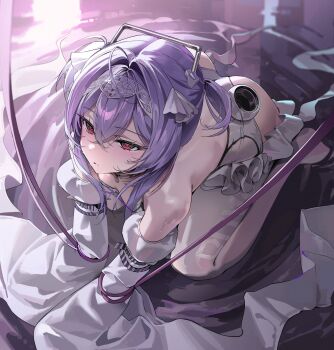 1girl absurdres ahoge all_fours blush chii_(chiiriring) closed_mouth collar detached_sleeves frills full_body goddess_of_victory:_nikke hair_between_eyes hair_intakes hairband hashtag-only_commentary headgear highres leotard liberalio_(nikke) looking_up pantyhose purple_hair red_eyes ripples short_hair_with_long_locks sleeves_past_fingers sleeves_past_wrists solo sweat twintails wading water white_collar white_leotard white_pantyhose white_sleeves wire