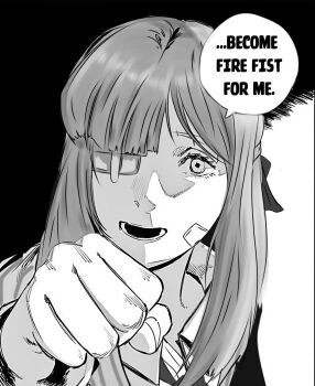 absurdres bow clenched_hand collared_shirt eyepatch fire_punch firefist_office_(identity)_(project_moon) gregor_(project_moon) hair_bow hair_over_one_eye highres limbus_company limited_palette long_hair looking_at_viewer medical_eyepatch monochrome one_eye_covered open_collar open_mouth project_moon scene_reference shirt speech_bubble upper_body yuri_(project_moon)
