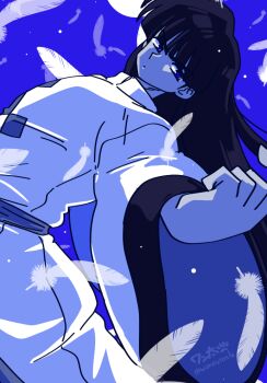 1boy black_hair blue_background blue_eyes chinese_clothes clenched_hand closed_eyes feathers long_hair looking_at_viewer male_focus mousse_(ranma_1/2) ranma_1/2 signature solo straight_hair v-shaped_eyebrows wanta_(futoshi) wide_sleeves