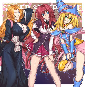 3girls ahoge arm_behind_head text_background black_capelet black_corset black_kimono bleach blonde_hair blue_dress blue_eyes blue_footwear blue_headwear boots border breasts capelet cleavage closed_mouth collared_shirt commentary corset crossover dark_magician_girl dress english_commentary english_text female_focus gold_choker green_eyes hair_between_eyes hand_on_own_hip hand_on_own_thigh hat heart high_school_dxd holding holding_wand japanese_clothes katana kimono knee_boots kuoh_academy_school_uniform large_breasts long_hair looking_at_viewer matsumoto_rangiku mole mole_under_mouth multiple_girls one_eye_closed orange_hair outside_border parted_lips patreon_username pink_shawl pink_skirt pleated_skirt red_hair red_skirt redjet rias_gremory school_uniform shawl sheath sheathed shirt simple_background skirt smile standing standing_on_one_leg sword wand weapon white_border white_hair wink wizard_hat yu-gi-oh!
