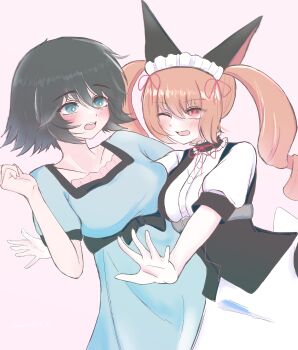 2girls absurdres akiha_rumiho animal_ear_hairband animal_ears belt_around_waist belt_buckle black_hair blue_dress blush buckle cat_ears commentary_request dress drill_hair fake_animal_ears frills hairband highres hug lemoned_hl_5050 long_hair maid maid_headdress mayqueen_maid_uniform multiple_girls one_eye_closed open_mouth pink_eyes pink_hair pouncing puffy_short_sleeves puffy_sleeves science_adventure shiina_mayuri short_hair short_sleeves smile steins;gate tsurime twin_drills twintails