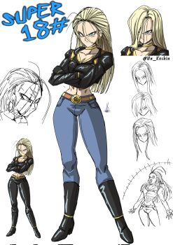 1girl android_18 artist_name blonde_hair blue_eyes boots commentary dragon_ball dragon_ball_gt english_commentary fusion high-waist_pants highres jacket leather leather_jacket long_hair pants signature super_android_17 thigh_boots twitter_username un_koshin1402