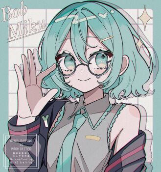1girl :&gt; alternate_hair_length alternate_hairstyle aqua_border aqua_eyes aqua_hair aqua_necktie bespectacled black_jacket blush blush_stickers bob_cut border character_name closed_mouth collared_shirt eyelashes glasses grey_shirt grid_background hair_ornament hairclip hatsune_miku highres jacket long_sleeves maca1227 necktie round_eyewear shirt short_hair single_bare_shoulder single_off_shoulder sleeveless sleeveless_shirt smile solo sparkle vocaloid