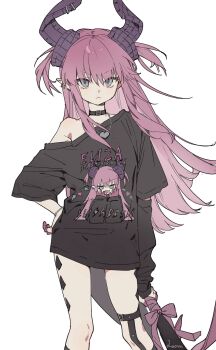 1girl :&lt; arm_at_side arm_warmers baseball_bat belt_collar black_arm_warmers black_collar black_shirt blue_eyes body_markings bracelet chain chain_bracelet closed_mouth collar colored_fingertips commentary_request diamond_(shape) dragon_girl dragon_horns ear_piercing elizabeth_bathory_(fate) elizabeth_bathory_(perfect)_(fate) elizabeth_bathory_(perfect)_(first_ascension)_(fate) fate/grand_order fate_(series) hair_between_eyes hand_on_own_hip heart_pendant highres holding holding_baseball_bat horn_piercing horns jewelry legwear_garter long_hair looking_at_viewer no_pants pendant piercing pink_hair purple_horns shirt short_sleeves signature simple_background single_arm_warmer single_bare_shoulder single_legwear_garter single_off_shoulder solo standing t-shirt two_side_up v-shaped_eyebrows white_background zhibuji_loom