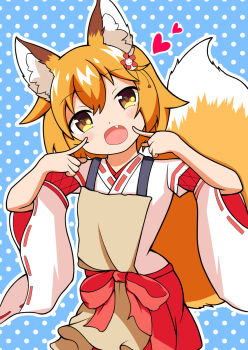 1girl animal_ears apron blush_stickers bushy_tail dot_nose fang feet_out_of_frame female_focus flower fox_ears fox_girl fox_tail hair_between_eyes hair_flower hair_ornament hakama hakama_skirt heart japanese_clothes kimono looking_at_viewer open_mouth orange_hair senko_(sewayaki_kitsune_no_senko-san) sewayaki_kitsune_no_senko-san short_hair skirt solo standing tail tail_ornament wide_sleeves yellow_eyes