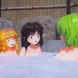 3d 4girls animated bathing bathing_together black_hair blonde_hair blue_hair blush breast_awe bust_chart breast_envy breasts convenient_censoring covering_breasts covering_privates embarrassed green_hair hair_censor hair_over_breasts hakurei_reimu hinanawi_tenshi kazami_yuuka kirisame_marisa large_breasts long_hair looking_at_breasts mofumoko5 multiple_girls nude onsen outdoor_bath partially_submerged short_hair small_breasts touhou video water
