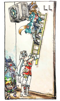 Rule 34 | 4girls, :3, all fours, animal ears, beanie, black hair, blunt bangs, boots, border, bow, brown hair, chest harness, climbing ladder, coat, commentary, condenser unit, denim, ear bow, ears through headwear, fenomeno (umamusume), fingerless gloves, genba neko (meme), gloves, gold ship (umamusume), grey hair, grey hat, hard hat, harness, hat, helmet, highres, holding ladder, horse ears, horse girl, horse tail, jacket, jeans, ladder, long hair, long sleeves, looking at another, looking up, meme, messy hair, midriff, morisshii (morishiey), multiple girls, nakayama festa (umamusume), o-ring strap, open clothes, open coat, open mouth, pants, pillbox hat, pointing, pointing at another, pose imitation, purple hair, sketch, sleeves rolled up, smile, surprised, tail, torn clothes, torn jeans, torn pants, tosen jordan (pop joker) (umamusume), tosen jordan (umamusume), traditional media, trench coat, umamusume, white boots, white gloves, yellow helmet