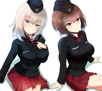 2girls arm_support black_jacket blue_eyes blush breast_pocket breasts brown_eyes brown_hair closed_mouth collared_shirt crossed_legs dress_shirt emblem from_above garrison_cap girls_und_panzer hand_on_own_chest hashtag-only_commentary hat highres itsumi_erika jacket kumaisao kuromorimine_military_uniform large_breasts long_hair long_sleeves looking_at_viewer medium_hair military_hat miniskirt multiple_girls nishizumi_maho pleated_skirt pocket red_shirt red_skirt shirt short_hair simple_background sitting skirt smile white_background wing_collar