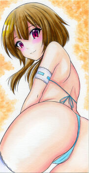 1girl arm_strap ass back bikini blue_bikini blush brown_hair cameltoe closed_mouth commentary_request cowboy_shot from_behind from_below halterneck kono_subarashii_sekai_ni_shukufuku_wo! long_hair looking_at_viewer looking_back median_furrow megumin nightmare77zx red_eyes shoulder_blades solo string_bikini swimsuit thong_bikini traditional_media