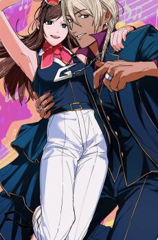 1boy 1girl ace_attorney alternate_costume amikoiiko ankle_ribbon apollo_justice:_ace_attorney arm_around_shoulder armpits beamed_eighth_notes belt belt_buckle black_ribbon black_shoes blonde_hair blue_belt blue_eyes blue_jacket blue_pants blue_vest brown_hair buckle chain chain_necklace commentary cowboy_shot dark-skinned_male dark_skin drill_hair drop_shadow earrings eighth_note ema_skye eyewear_on_head fingernails frilled_skirt frills green_eyes hand_on_another's_waist high_heels highres idol_clothes initial jacket jewelry klavier_gavin lapels leg_ribbon lifting_person long_hair long_sleeves looking_at_viewer middle_ring mismatched_eyebrows multiple_rings musical_note musical_staff neckerchief necklace notched_lapels open_mouth pants pants_rolled_up pink_background pleated_pants popped_collar purple_shirt red_neckerchief ribbon ring shirt shoes showgirl_skirt single_earring skirt sleeveless sleeveless_shirt smile suit_jacket sunglasses symbol-only_commentary teeth thumb_ring tinted_eyewear upper_teeth_only vest waistcoat white_pants