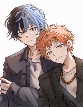 2boys akt_ri_lv aoyagi_touya bag blonde_hair blue_hair chain chain_necklace closed_mouth collared_shirt commentary crossbody_bag earrings green_eyes highres jewelry long_sleeves looking_at_viewer male_focus mole mole_under_eye multicolored_hair multiple_boys necklace official_alternate_costume official_alternate_hairstyle open_clothes open_shirt orange_hair project_sekai shinonome_akito shirt short_bangs short_hair simple_background smile split-color_hair streaked_hair stud_earrings two-tone_hair upper_body white_background white_shirt zipper zozotown