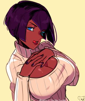 Rule 34 | 1girl, artist name, black hair, blue eyes, bob cut, breasts, cleavage, covered erect nipples, d-ryuu, dark-skinned female, dark skin, eliza (skullgirls), female focus, large breasts, licking lips, lipstick, lowres, makeup, nail polish, naughty face, open-chest sweater, own hands together, short hair, skullgirls, solo, sweater, tongue, tongue out, upper body, yellow background