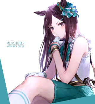 1girl animal_ears bow bowtie bracelet brown_eyes brown_hair closed_mouth commentary_request ear_bow gloves green_bow green_bowtie green_skirt happy_birthday horse_ears horse_girl irua jewelry kneehighs long_hair looking_at_viewer mejiro_dober_(twisted_line)_(umamusume) mejiro_dober_(umamusume) official_artist_extra pleated_skirt shirt simple_background sitting skirt sleeveless sleeveless_shirt socks solo umamusume v-shaped_eyebrows white_background white_gloves white_shirt white_socks