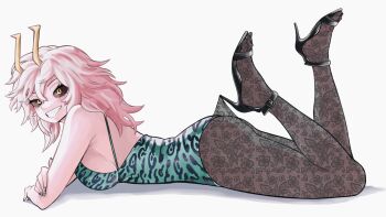 1girl absurdres alternate_costume ashido_mina black_sclera boku_no_hero_academia breasts colored_sclera colored_skin fishnets from_side green_leotard grin high_heels highres hiro_illust11 lace_pantyhose lace_pantyhose_hooked_on_heel_(meme) large_breasts leotard long_hair lying meme on_stomach orange_eyes pantyhose pink_hair pink_skin simple_background smile solo white_background