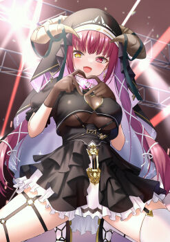 1girl :d absurdres black_coif black_gloves black_shirt black_shoes black_skirt breasts cleavage_cutout clothing_cutout commentary_request fang faubynet four-finger_heart_hands gloves guimpe heart heart_cutout heart_hands heterochromia high-waist_skirt highres hololive horn_ornament horn_ribbon horns houshou_marine houshou_marine_(ahoy!!_you&#039;re_all_pirates) kneeling large_breasts layered_skirt long_hair looking_at_viewer miniskirt nun o-ring o-ring_garter_belt o-ring_thigh_strap official_alternate_costume official_alternate_hairstyle open_mouth puffy_short_sleeves puffy_sleeves red_eyes red_hair revision ribbon shirt shoes short_sleeves skin_fang skin_tight skirt smile solo thigh_strap thighhighs twintails underbust virtual_youtuber white_skirt white_thighhighs yellow_eyes