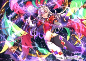 1boy black_shirt boots carnival_(wixoss) commentary_request copyright_notice energy_ball facepaint gloves gold_trim green_eyes grey_hair hair_between_eyes hair_ornament holding holding_mask jester long_hair mask mayusaki_yuu midriff multicolored_shirt navel official_art red_gloves red_shirt shirt solo thigh_boots wixoss