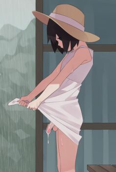 1boy anjupai_(pixiv) black_eyes black_hair chastity_cage crossdressing crossdressing_(mtf) dress hat indoors lifting_own_clothes looking_at_viewer looking_to_the_side male_focus matching_hair/eyes no_panties original penis precum precum_string public_indecency public_nudity rain shameless shota small_penis solo trap wet wet_clothes white_dress wringing_clothes