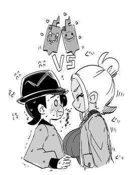 1boy 1girl @_@ blush breasts fedora gen_4_pokemon greyscale hair_bun hat heart heart-shaped_pupils large_breasts monochrome nervous_sweating nintendo panicking paxton_(pokemon) pokemon pokemon_legends:_z-a profile rotom rotom_phone smile sweat symbol-shaped_pupils taunie_(pokemon) tottotonero vs you_gonna_get_raped