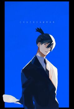 1boy azisaiharumaki56 black_border black_hair black_jacket black_necktie blue_background blue_eyes border chainsaw_man collared_shirt commentary_request copyright_name earrings hair_between_eyes hayakawa_aki highres jacket jewelry looking_at_viewer male_focus necktie ponytail shirt short_hair solo white_shirt