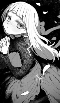 1girl blush dress expressionless fingernails freckles greyscale highres interlocked_fingers lace_dress long_fingernails long_hair looking_at_viewer monochrome original own_hands_together parted_lips petals sakakitamo solo