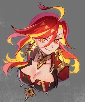 Rule 34 | 1girl, artist name, blonde hair, breasts, cleavage, commentary request, earrings, genshin impact, grey background, jewelry, mavuika (genshin impact), multicolored hair, orange hair, smile, solo, sun earrings, two-tone hair, ukata, zipper