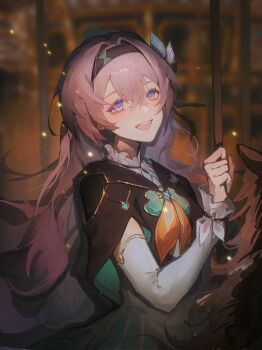 1girl :d black_hairband black_jacket blue_eyes blue_pupils blurry blurry_background brown_hair carousel chinese_commentary commentary_request cropped_jacket crossed_bangs detached_sleeves firefly_(honkai:_star_rail) frilled_shirt_collar frilled_sleeves frills from_side gradient_eyes hair_intakes hairband hand_up highres honkai:_star_rail honkai_(series) jacket long_hair longyoushuangruozhui looking_at_viewer multicolored_eyes neckerchief open_mouth smile solo two-tone_eyes upper_body yellow_neckerchief