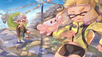 2girls :3 agent_4_(splatoon) artist_name bike_shorts blue_sky bow-shaped_hair character_request closed_eyes commentary_request green_kimono grey_hair headgear holding holding_umbrella ink_tank_(splatoon) inkling jacket japanese_clothes kimono marie_(kimono)_(splatoon) marie_(splatoon) medium_hair merute_spla multiple_girls navel nintendo official_alternate_costume okobo open_mouth outdoors platform_sandals sandals sky smile splatoon_(series) splatoon_2 tabi tentacle_hair thick_eyebrows umbrella watermark yellow_eyes yellow_jacket