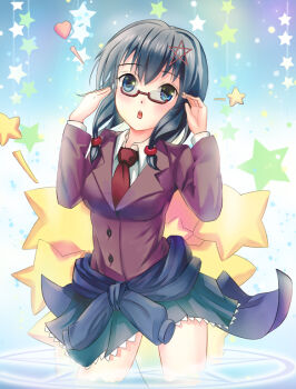 Rule 34 | 1girl, :o, adjusting eyewear, black eyes, black hair, blue eyes, corpse party, female focus, glasses, hair ornament, hand on eyewear, heart, himonoata, in water, looking at viewer, magic circle, necktie, open mouth, rimless eyewear, saenoki naho, school uniform, short hair, solo, star (symbol), td, wading