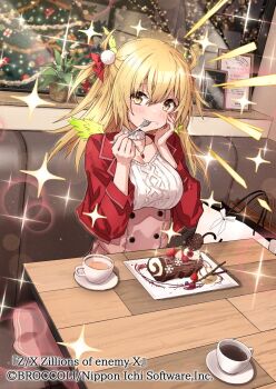 1girl bag blonde_hair blueberry breasts cafe cake cana_(z/x) chocolate_cake christmas_tree cleavage coffee coffee_mug copyright_notice cup feathered_wings food food_on_face fork fruit green_wings hair_ornament highres holding holding_fork ice_cream indoors jacket jewelry large_breasts long_hair mini_wings mug necklace night notice_lines official_art open_clothes open_jacket pink_skirt plant plate pom_pom_(clothes) pom_pom_hair_ornament potted_plant red_jacket shopping_bag sitting skirt solo sparkle strawberry sweater sweets swiss_roll table takanashi_kei_(hitsujikan) two_side_up utensil_in_mouth white_sweater window wings yellow_eyes z/x