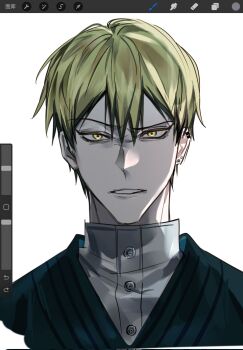 1boy art_program_in_frame blonde_hair ear_piercing earrings hair_between_eyes highres japanese_clothes jewelry jujutsu_kaisen looking_at_viewer male_focus piercing short_hair simple_background solo teeth white_background xingkon818 yellow_eyes zen&#039;in_naoya