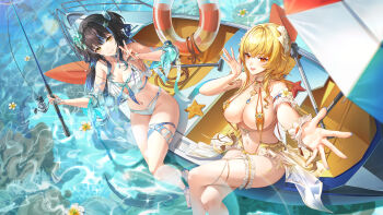 2girls absurdres arm_garter bare_shoulders bikini black_hair blonde_hair blue_hair boat breasts choker cleavage crossed_legs detached_sleeves fenny_golden fishing_rod frilled_thigh_strap gradient_hair grin hair_ornament halterneck highres holding large_breasts long_hair looking_at_viewer low_twintails multicolored_hair multiple_girls navel neckerchief official_art open_mouth orange_eyes orange_slingshot_swimsuit outstretched_arm short_sleeves siris_(snowbreak) sitting slingshot_swimsuit smile snowbreak:_containment_zone stomach streaked_hair string_bikini swimsuit thigh_strap thighs twintails two-tone_hair two_side_up v very_long_hair water watercraft white_bikini white_choker yellow_eyes