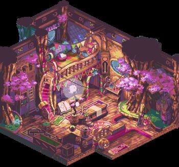 blink_(artist) blink_(kaze_no_shuuchaku-eki) book broom cherry_blossoms desk fantasy floorplan interior isometric jack-o'-lantern lowres monkey no_humans original pixel_art pumpkin room roomscape scenery shop transparent_background