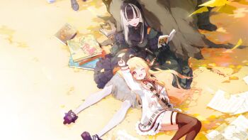 3girls ;d ahoge arm_up black_choker black_gloves black_hair black_shoes blonde_hair blunt_bangs book brown_dress brown_eyes brown_sailor_collar brown_thighhighs buttons choker commentary_request double-breasted dress flute frilled_dress frilled_jacket frills gloves gothic_lolita gradient_hair green_dress grey_hair hair_ribbon high_heels highres hime_cut holding holding_book holding_flute holding_instrument hololive hololive_dev_is ichijou_ririka ichijou_ririka_(1st_costume) instrument jacket juufuutei_raden juufuutei_raden_(1st_costume) lace lace_choker lap_pillow lolita_fashion long_hair lying mochida_touri multicolored_hair multiple_girls neck_ribbon on_side one_eye_closed one_side_up open_mouth orange_hair otonose_kanade otonose_kanade_(1st_costume) outdoors outstretched_arm pantyhose piano_print plaid_clothes plaid_dress red_ribbon ribbon sailor_collar sheet_music shirt shoes sidelocks sitting smile straight_hair swept_bangs teeth thigh_strap thighhighs tree two-tone_hair upper_teeth_only virtual_youtuber white_jacket white_pantyhose white_sailor_collar white_shirt