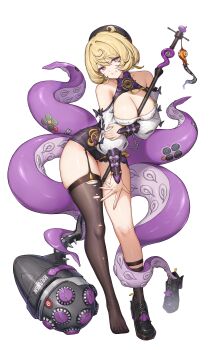1girl absurdres asymmetrical_shorts bare_shoulders between_breasts black_hat black_thighhighs blonde_hair breasts choker cleavage detached_sleeves hammer hand_on_own_thigh hat high-waist_shorts highres key key_choker kiriko_(araragikoyomi) large_breasts looking_at_viewer mole mole_under_mouth monster_girl multicolored_hair octopus purple_eyes scylla shirt shoes short_hair shorts single_shoe single_thighhigh smile solo standing tentacle_girl tentacle_tail tentacles thighhighs thiren toes torn_clothes torn_thighhighs yidhari_murphy zenless_zone_zero