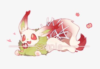 Rule 34 | :3, alternate color, alternate shiny pokemon, animal focus, apple, chinese commentary, colored sclera, commentary request, commission, eevee, fluffy, food, fruit, full body, gen 1 pokemon, green fur, happy, kamier586, looking at viewer, lying, nintendo, no humans, original, pawpads, pokemon, pokemon (creature), pokemon focus, red eyes, red fur, red sclera, sample watermark, simple background, smile, solo, watermark, white background, white fur