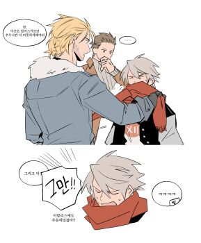 Rule 34 | > <, ..., 3boys, adjusting another's clothes, balflear, basch fon ronsenburg, beard stubble, blonde hair, brown hair, brown jacket, coat, commentary request, contemporary, cropped torso, facial hair, final fantasy, final fantasy xii, fur-trimmed coat, fur trim, furrowed brow, garbage paper, grey coat, grey hair, grey sweater, hair between eyes, hand to own mouth, highres, jacket, korean commentary, letterman jacket, male focus, multiple boys, ponytail, print shirt, red scarf, scarf, shirt, short hair, short ponytail, spoken ellipsis, stubble, sweatdrop, sweater, upper body, vaan (ff12)