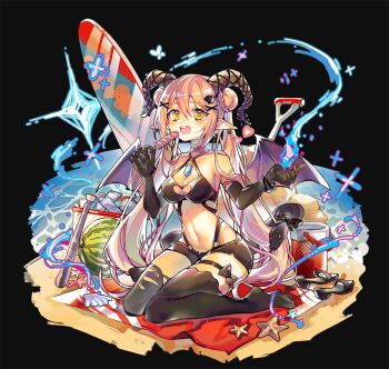 1girl baseball_bat bat_wings beach bikini black_background black_bikini black_bow black_footwear black_gloves black_thighhighs blanket bow bucket case character_request clover_theater demon_girl double_bun elbow_gloves faux_figurine food fruit full_body gloves hair_bun hair_ornament hands_up holding holding_food holding_popsicle long_hair ocean open_mouth pink_hair popsicle sand sandals shell shell_hair_ornament shoes shovel sitting snake_tail solo sparkle starfish surfboard swimsuit tail teeth thigh_bow thigh_strap thighhighs twintails unworn_shoes upper_teeth_only very_long_hair wariza watermelon wings x_hair_ornament yellow_eyes yizhi_yishi