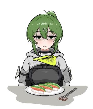 1girl arknights arknights:_endfield black_bodysuit bodysuit breasts chopsticks closed_mouth cocktiel77 commentary_request endfield_industries_logo fluorite_(arknights) food food_request green_eyes green_hair grey_hood hair_between_eyes hood hood_down hooded_shrug korean_commentary large_breasts light_frown long_hair looking_at_viewer plate ponytail reflection shrug_(clothing) simple_background sitting solo straight-on sweatdrop table upper_body white_background white_shrug